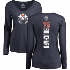 NHL Women's Adidas Edmonton Oilers #75 Evan Bouchard Navy Blue Backer Slim Fit Long Sleeve T-Shirt