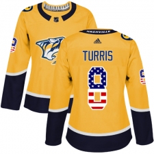 Women's Adidas Nashville Predators #8 Kyle Turris Authentic Gold USA Flag Fashion NHL Jersey