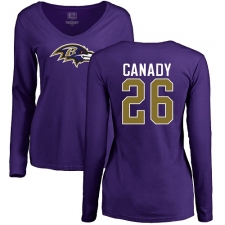 NFL Women's Nike Baltimore Ravens #26 Maurice Canady Purple Name & Number Logo Long Sleeve T-Shirt