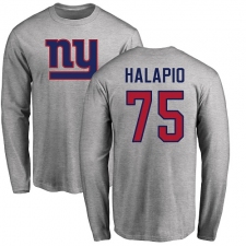 NFL Nike New York Giants #75 Jon Halapio Ash Name & Number Logo Long Sleeve T-Shirt