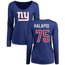 NFL Women's Nike New York Giants #75 Jon Halapio Royal Blue Name & Number Logo Long Sleeve T-Shirt
