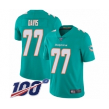 Men's Miami Dolphins #77 Jesse Davis Aqua Green Team Color Vapor Untouchable Limited Player 100th Season Football Jersey
