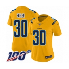 Women's Los Angeles Chargers #30 Austin Ekeler Limited Gold Inverted Legend 100th Season Football Jersey