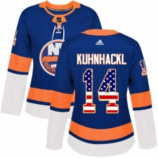 Women's Adidas New York Islanders #14 Tom Kuhnhackl Authentic Royal Blue USA Flag Fashion NHL Jersey
