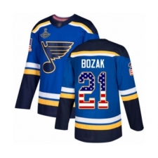 Men's St. Louis Blues #21 Tyler Bozak Authentic Blue USA Flag Fashion 2019 Stanley Cup Champions Hockey Jersey