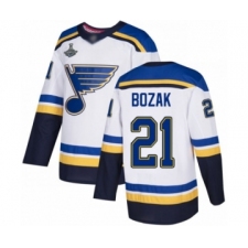 Men's St. Louis Blues #21 Tyler Bozak Authentic White Away 2019 Stanley Cup Champions Hockey Jersey
