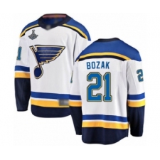 Men's St. Louis Blues #21 Tyler Bozak Fanatics Branded White Away Breakaway 2019 Stanley Cup Champions Hockey Jersey