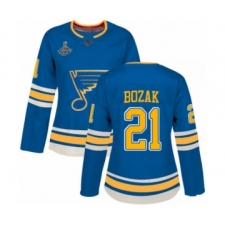 Women's St. Louis Blues #21 Tyler Bozak Authentic Navy Blue Alternate 2019 Stanley Cup Champions Hockey Jersey