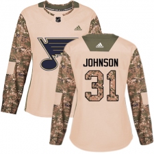 Women's Adidas St. Louis Blues #31 Chad Johnson Authentic Camo Veterans Day Practice NHL Jersey