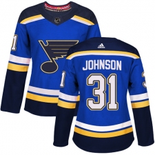 Women's Adidas St. Louis Blues #31 Chad Johnson Authentic Royal Blue Home NHL Jersey