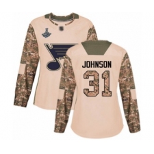 Women's St. Louis Blues #31 Chad Johnson Authentic Camo Veterans Day Practice 2019 Stanley Cup Champions Hockey Jersey