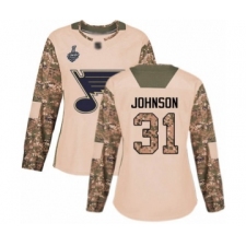 Women's St. Louis Blues #31 Chad Johnson Authentic Camo Veterans Day Practice 2019 Stanley Cup Final Bound Hockey Jersey