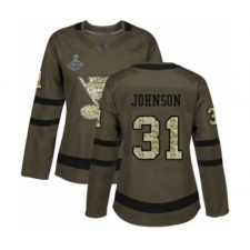 Women's St. Louis Blues #31 Chad Johnson Authentic Green Salute to Service 2019 Stanley Cup Champions Hockey Jersey