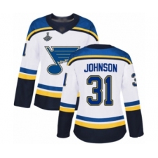 Women's St. Louis Blues #31 Chad Johnson Authentic White Away 2019 Stanley Cup Champions Hockey Jersey