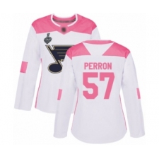 Women's St. Louis Blues #57 David Perron Authentic White Pink Fashion 2019 Stanley Cup Final Bound Hockey Jersey