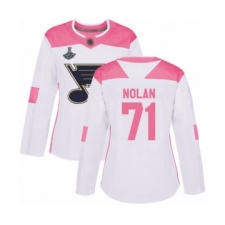 Women's St. Louis Blues #71 Jordan Nolan Authentic White Pink Fashion 2019 Stanley Cup Champions Hockey Jersey