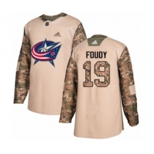 Men's Adidas Columbus Blue Jackets #19 Liam Foudy Authentic Camo Veterans Day Practice NHL Jersey