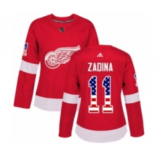 Women's Adidas Detroit Red Wings #11 Filip Zadina Authentic Red USA Flag Fashion NHL Jersey