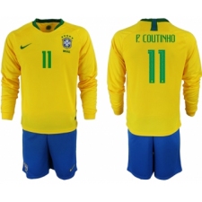 Brazil 11 P. COUTINHO Home 2018 FIFA World Cup Long Sleeve Soccer Jersey