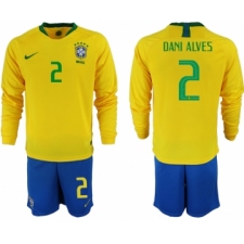 Brazil 2 DANI ALVES Home 2018 FIFA World Cup Long Sleeve Soccer Jersey