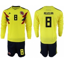 Colombia 8 AGUILAR Home 2018 FIFA World Cup Long Sleeve Soccer Jersey