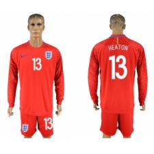 England 13 HEATON Red Goalkeeper 2018 FIFA World Cup Long Sleeve Soccer Jersey