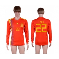 Spain 22 ISCO Home 2018 FIFA World Cup Long Sleeve Thailand Soccer Jersey