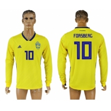 Sweden 10 FORSBERC Home 2018 FIFA World Cup Long Sleeve Thailand Soccer Jersey