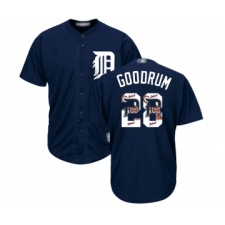 Men's Detroit Tigers #28 Niko Goodrum Authentic Navy Blue Team Logo Fashion Cool Base Baseball Jersey