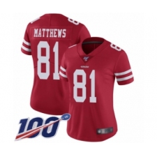 Women's San Francisco 49ers #81 Jordan Matthews Red Team Color Vapor Untouchable Limited Player 100th Season Football Jersey