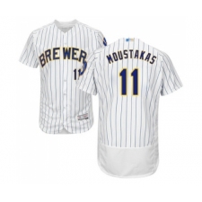 Men's Milwaukee Brewers #11 Mike Moustakas White Home Flex Base Authentic Collection Baseball Jersey