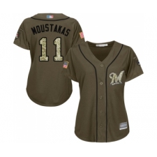 Women's Milwaukee Brewers #11 Mike Moustakas Authentic Green Salute to Service Baseball Jersey