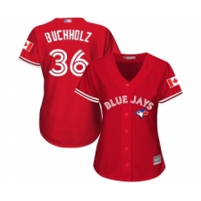 Women's Toronto Blue Jays #36 Clay Buchholz Replica Scarlet Alternate Baseball Jersey