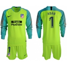 Atletico Madrid #1 Adan Shiny Green Goalkeeper Long Sleeves Soccer Club Jersey