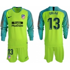 Atletico Madrid #13 Oblak Shiny Green Goalkeeper Long Sleeves Soccer Club Jersey
