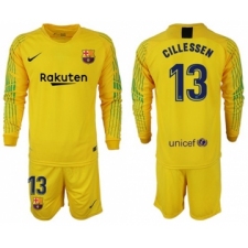 Barcelona #13 Cillessen Yellow Goalkeeper Long Sleeves Soccer Club Jersey