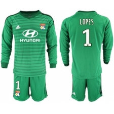 Lyon #1 Lopes Green Goalkeeper Long Sleeves Soccer Club Jersey