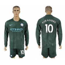 Manchester City #10 Kun Aguero Sec Away Long Sleeves Soccer Club Jersey