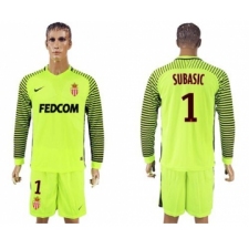 Monaco #1 Subasic Shiny Green Goalkeeper Long Sleeves Soccer Club Jersey
