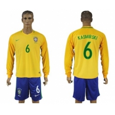 Brazil #6 Kasmirski Home Long Sleeves Soccer Country Jersey