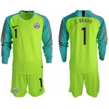 Chile #1 C.Bravo Shiny Green Goalkeeper Long Sleeves Soccer Country Jersey