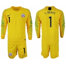 Chile #1 C.Bravo Yellow Goalkeeper Long Sleeves Soccer Country Jersey