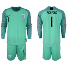 England #1 Pickford Green Long Sleeves Goalkeeper Soccer Country Jersey