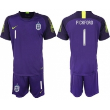 England #1 Pickford Purple Goalkeeper Soccer Country Jersey