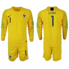 France #1 LLORIS Yellow Goalkeeper Long Sleeves Soccer Country Jersey