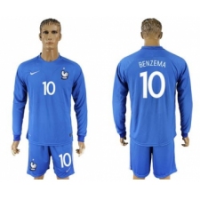 France #10 Benzema Home Long Sleeves Soccer Country Jersey