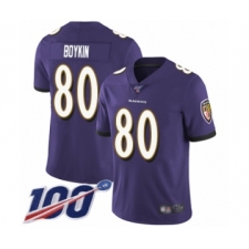 Men's Baltimore Ravens #80 Miles Boykin Purple Team Color Vapor Untouchable Limited Player 100th Season Football Jersey