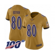 Women's Baltimore Ravens #80 Miles Boykin Limited Gold Inverted Legend 100th Season Football Jersey