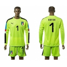 Italy #1 Buffon Shiny Green Long Sleeves Goalkeeper Soccer Country Jersey