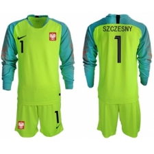 Poland #1 Szczesny Shiny Green Goalkeeper Long Sleeves Soccer Country Jersey